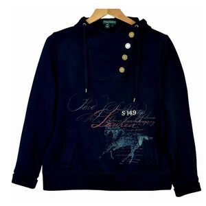Lauren‎ Jeans Co Black Hoodie Script Horse Graphic Snap Front Sweatshirt Women L